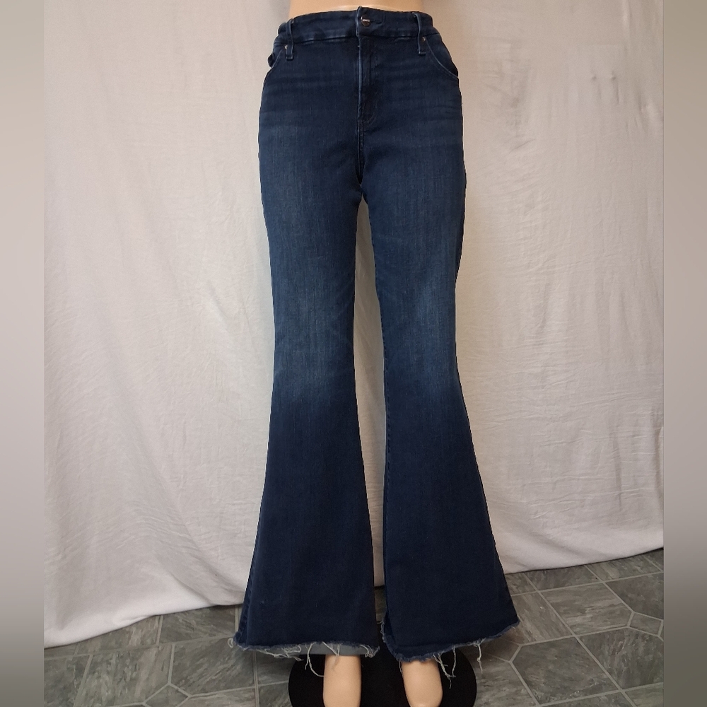 Express Dark Blue Flare Jeans Size L Flare Mio Rise Ultra Hyper Stretch - Picture 4 of 16